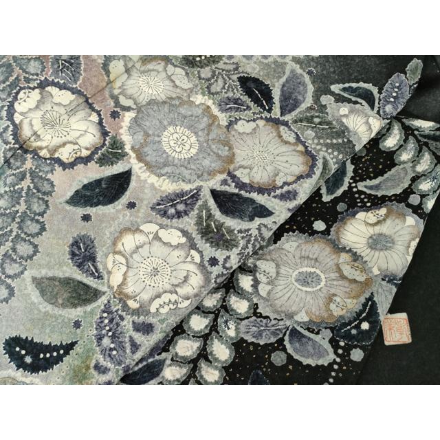平和屋着物●訪問着　辻が花　暈し染め　黒地　金彩　正絹　逸品　AABG3601cs 平和屋着物○訪問着 作家物 孝美 辻が花 舞花文 正絹 逸品 AABF3610ck