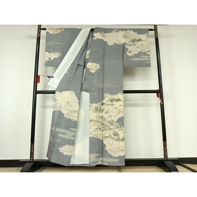 平和屋着物▽染織の名門　しょうざん  生紬　訪問着　単衣　手描き　絞り　人物風景文　金彩　正絹　逸品　AABF5010jh 平和屋着物▽染織の名門 しょうざん 生紬 訪問着 単衣 手描き 絞り