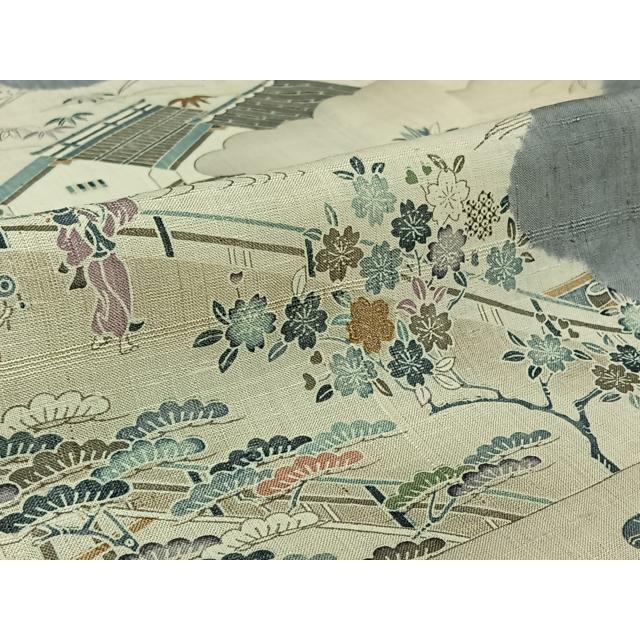 平和屋着物▽染織の名門　しょうざん  生紬　訪問着　単衣　手描き　絞り　人物風景文　金彩　正絹　逸品　AABF5010jh 平和屋着物▽染織の名門 しょうざん 生紬 訪問着 単衣 手描き 絞り