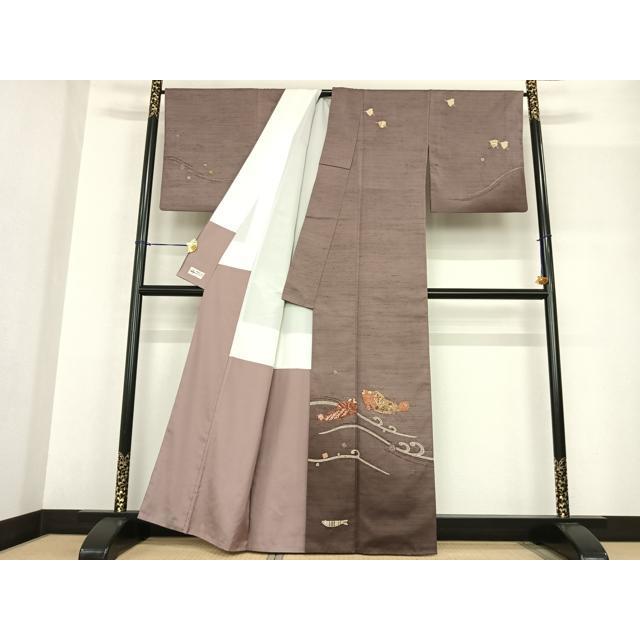 平和屋着物●小千谷紬　生紬　訪問着　作家物　絞り　魚　やまと誂製　反端付き　正絹　逸品　AABF5528fy 平和屋着物○小千谷紬 生紬 訪問着 作家物 絞り 魚 やまと誂製 反端
