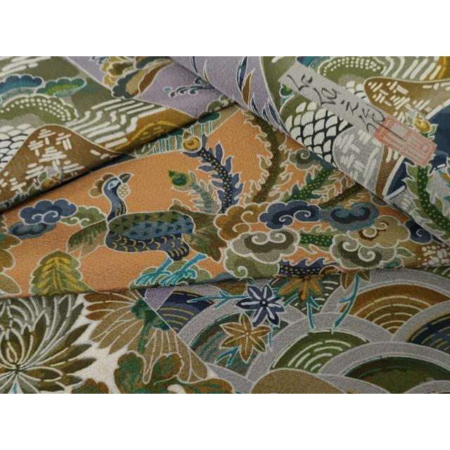 平和屋着物●前田仁仙　仁仙更紗　訪問着　重ね山鳳凰吉祥草花文　正絹　逸品　AABF6620cs 平和屋着物○前田仁仙 仁仙更紗 訪問着 重ね山鳳凰吉祥草花文 正絹