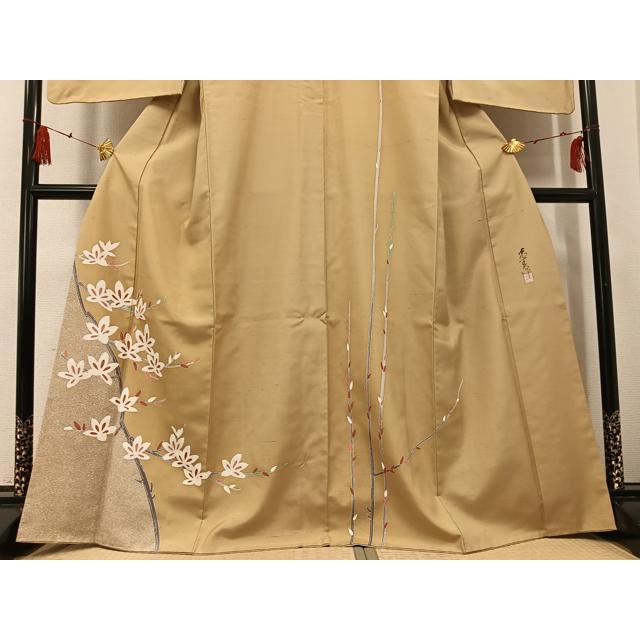 603mh96☆作家物 純 訪問着 友禅 枝花文 地紋 落款 ゴールド☆美品 平和屋着物○日本工芸会正会員 京友禅作家 清水光美 訪問着 紬地 枝花