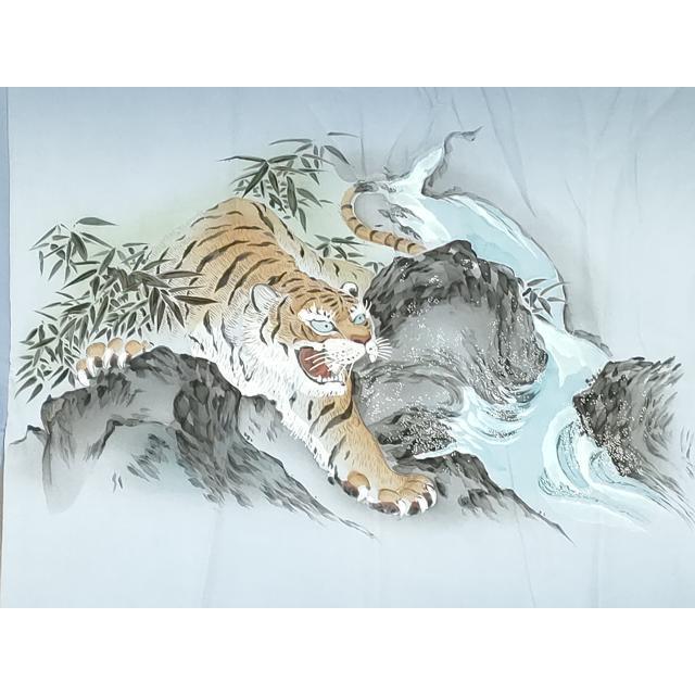 平和屋着物○男性 長襦袢 袷 手描き 立波に虎 暈し染め キングサイズ