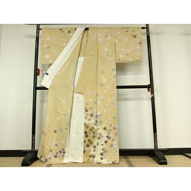 平和屋着物▽訪問着　単衣　駒刺繍　舞葉文　暈し染め　金彩　正絹　逸品　AABG1031jh_1