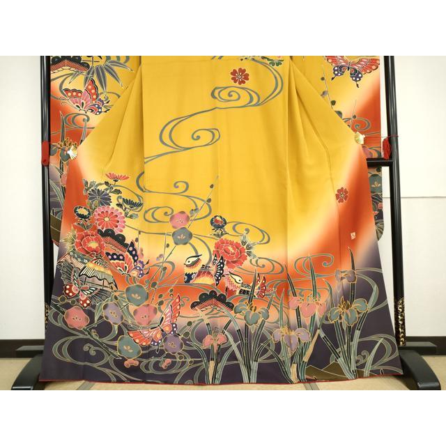 平和屋着物●手ざし京紅型染・宮崎紅型　宮崎良次　振袖　花蝶文　暈し染め　ロング丈　正絹　逸品　AABF4461ph 平和屋着物○手ざし京紅型染・宮崎紅型 宮崎良次 振袖 鴛鴦花蝶文 暈し