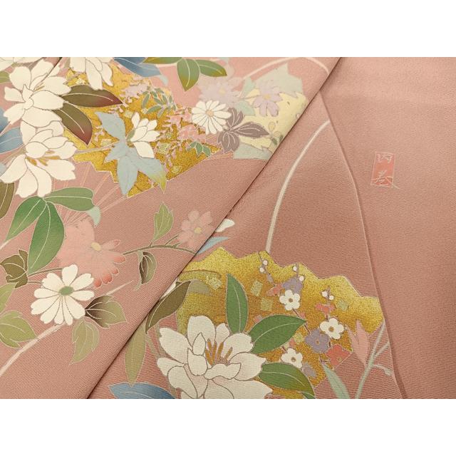 平和屋着物●訪問着　友禅　作家物　扇面草花文　暈し染め　金彩　ロング丈　正絹　逸品　未使用　AABG3421ph