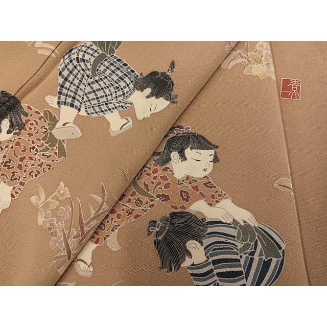 平和屋着物●十日町友禅作家　関口遼一　訪問着　童子草花文　暈し染め　正絹　逸品　AABG3423ph