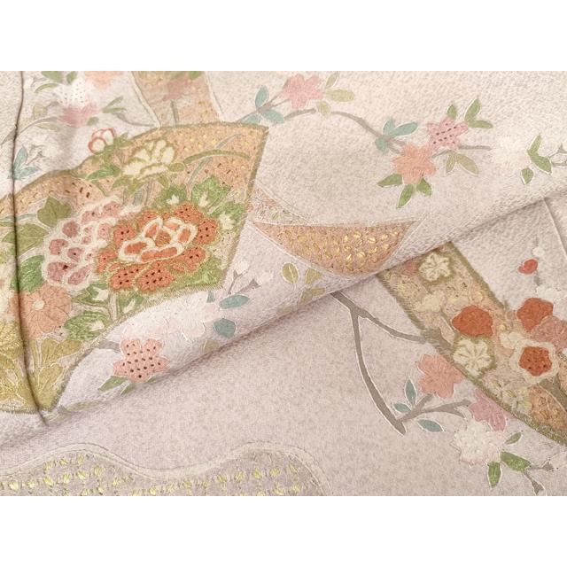 平和屋着物●訪問着　作家物　雪祥　中国三大刺繍　スワトウ刺繍　汕頭刺繍　地紙短冊枝花文　金糸　正絹　逸品　未使用　AABG3515cs_5