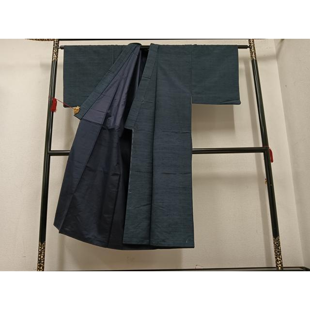 平和屋着物○男性 紬 アンサンブル 色無地 藍鉄色 正絹 逸品