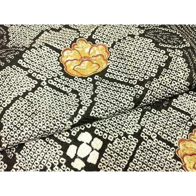 平和屋着物●豪華振袖　駒刺繍　総刺繍　絞り　草花文　黒地　正絹　逸品　AABG4547fy