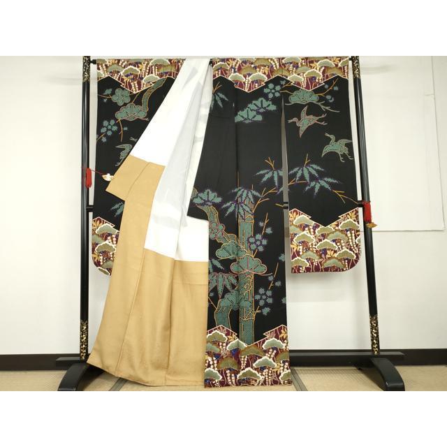 平和屋着物○豪華振袖 松竹梅飛鶴文 黒地 金彩 正絹 逸品 AABG5421cs 