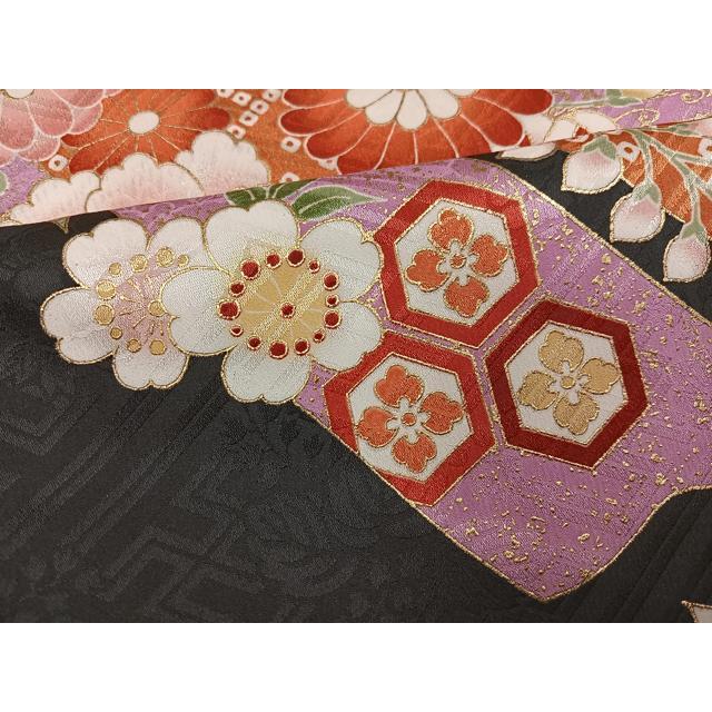 平和屋着物●小振袖　二尺袖　舞花文　黒地　金彩　正絹　逸品　AABG5734ph_5