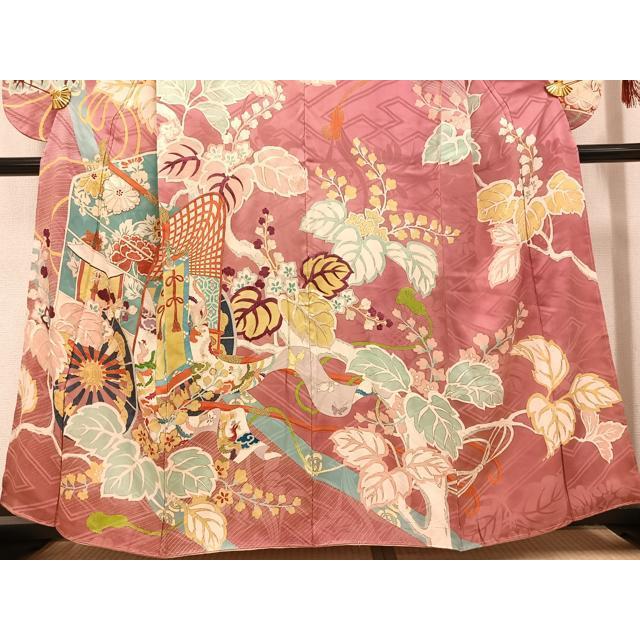 平和屋着物○セミアンティーク 小振袖 二尺袖 駒刺繍 御所車鳳凰草花文