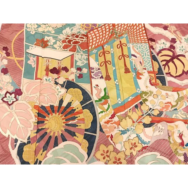 平和屋着物○セミアンティーク 小振袖 二尺袖 駒刺繍 御所車鳳凰草花文