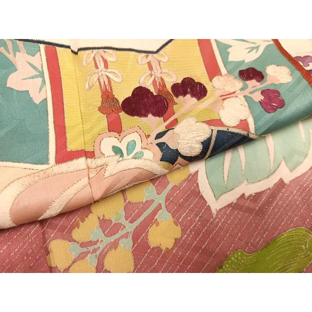 平和屋着物○セミアンティーク 小振袖 二尺袖 駒刺繍 御所車鳳凰草花文