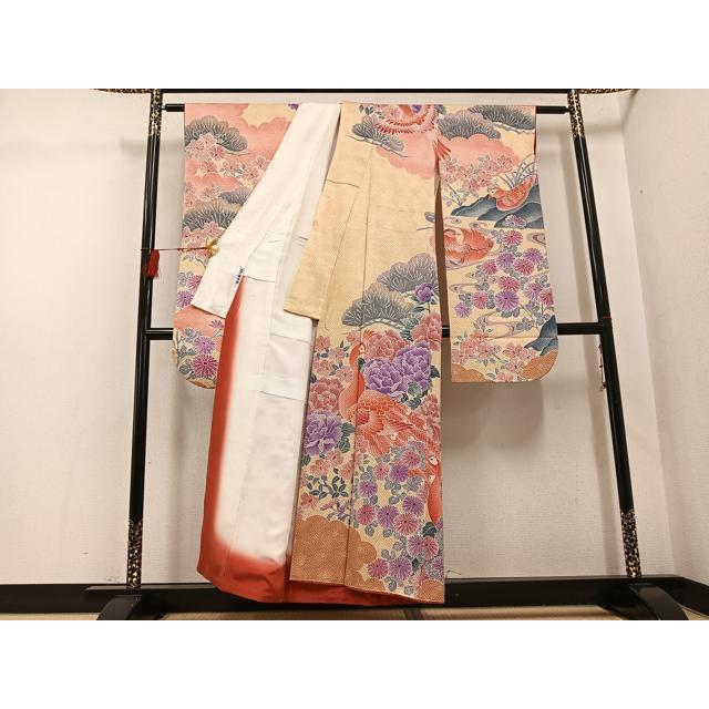 平和屋着物●名門　藤娘きぬたや・総絞り　振袖　孔雀花文　正絹　逸品　AABG5794ph 平和屋着物○名門 藤娘きぬたや・総絞り 振袖 孔雀花文 正絹 逸品