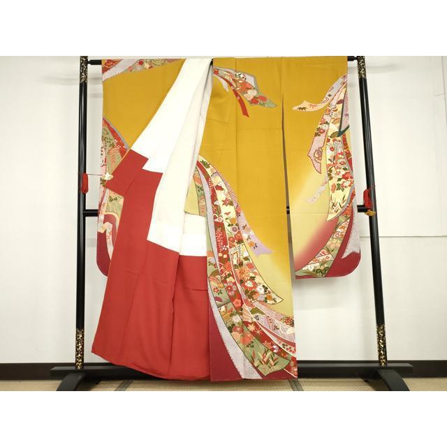平和屋着物○豪華振袖 御所車鬘帯飛鶴花文 暈し染め 金彩 正絹 逸品 未 