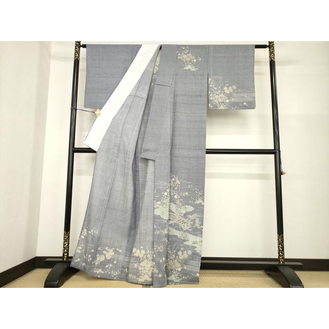 平和屋着物▽染織の名門　しょうざん 生紬　訪問着　単衣　風景文　正絹　逸品　AABG7202ck_1