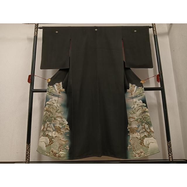 平和屋着物○アンティーク 大正ロマン 黒留袖 松竹梅風景文 鶴 暈し
