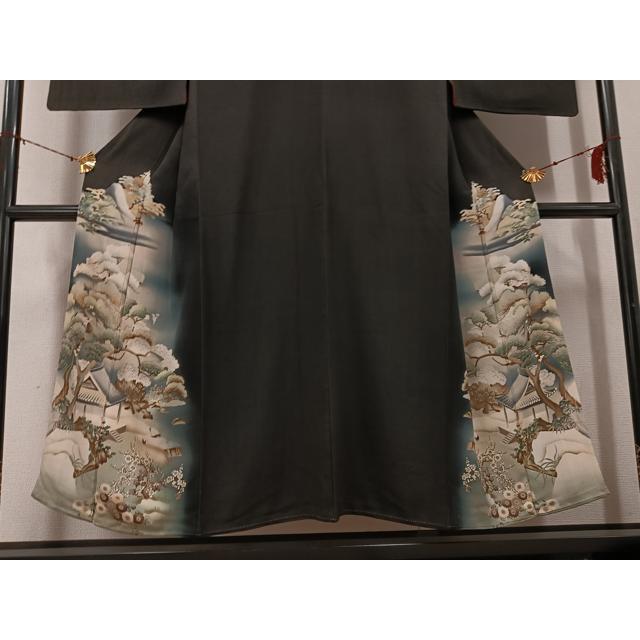 A70⭐️アンティーク着物　大正ロマン　黒留袖　鶴　5つ紋　縮緬　錦紗　逸品 平和屋着物○アンティーク 大正ロマン 黒留袖 松竹梅風景文 鶴 暈し