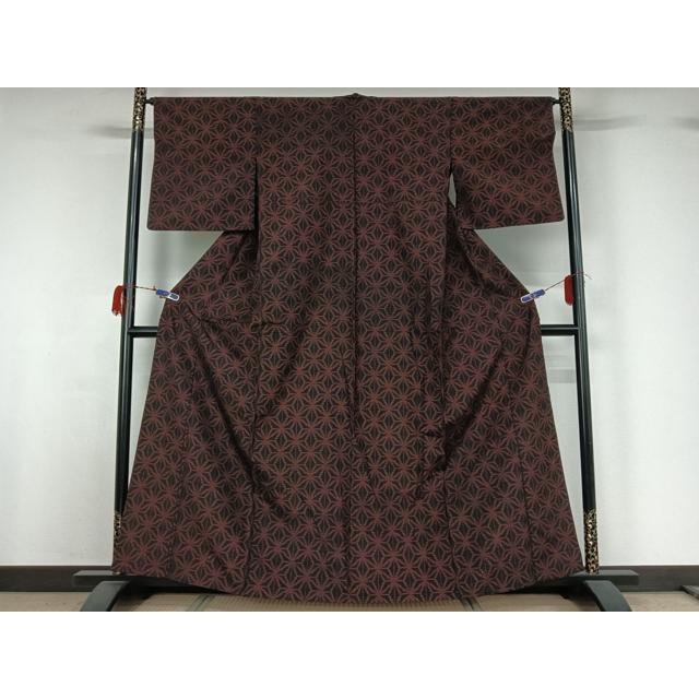 平和屋着物▽上質な紬　単衣　麻の葉文様　黒地　正絹　逸品　AABG7716jh_1