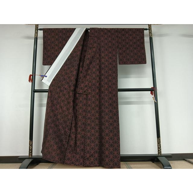 平和屋着物▽上質な紬　単衣　麻の葉文様　黒地　正絹　逸品　AABG7716jh_2