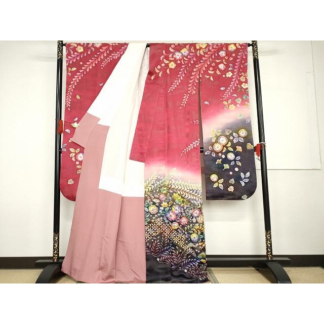 平和屋着物●伯河貞雄　振袖　辻が花　暈し染め　銀通し地　正絹　逸品　AABG7943cs