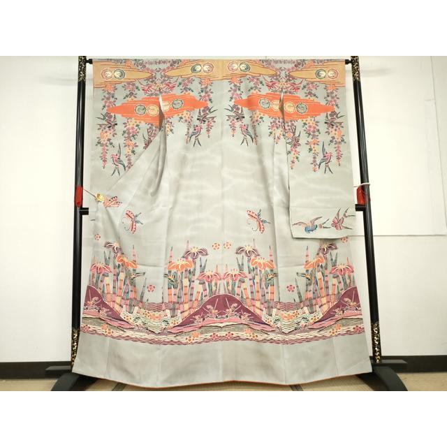 平和屋着物○本場琉球紅型 振袖 花鳥舞蝶文 正絹 逸品 AABG7967cs 