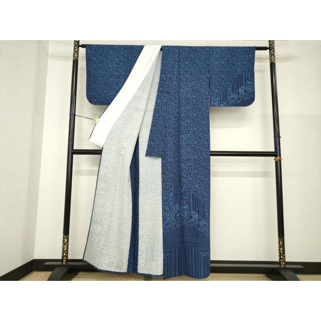 平和屋着物▽訪問着 単衣 藍 型染め 花唐草文 正絹 逸品 AABG8570ck