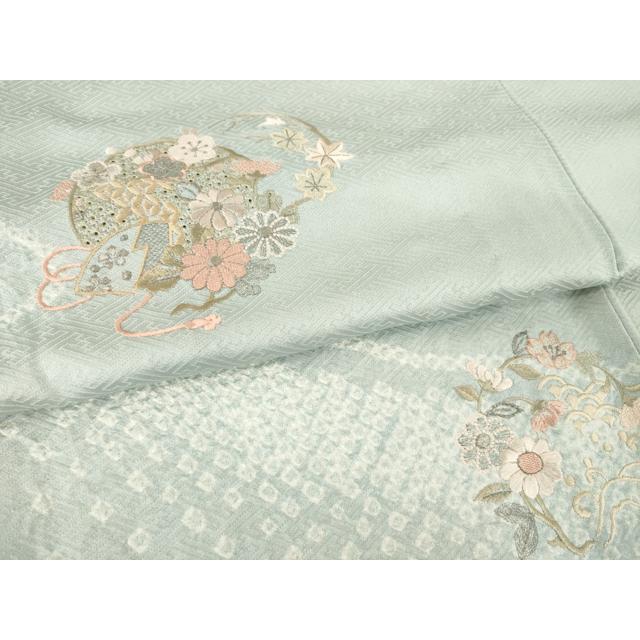平和屋着物▽訪問着　単衣　絞り　刺繍　流水花丸文　正絹　逸品　AABG8585ck_4