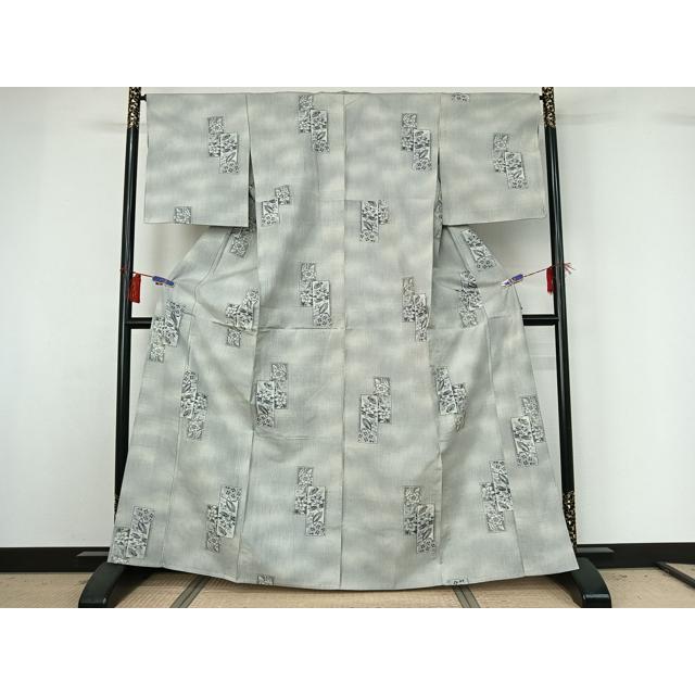 平和屋着物▽上質な紬　単衣　短冊花文　正絹　逸品　AABG8826jh
