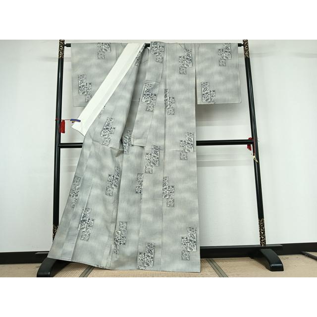 平和屋着物▽上質な紬　単衣　短冊花文　正絹　逸品　AABG8826jh
