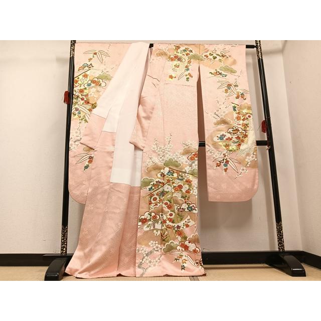 平和屋着物●豪華振袖　駒刺繍　草花文　金彩　正絹　逸品　AABG9581ph