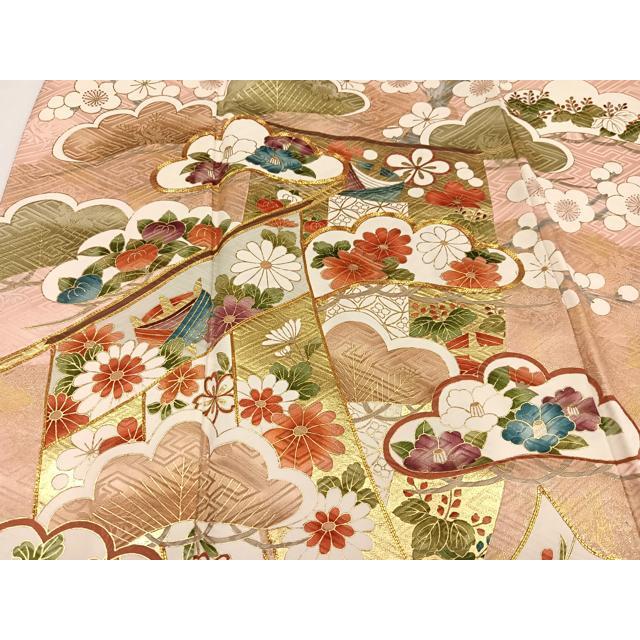 平和屋着物●豪華振袖　駒刺繍　草花文　金彩　正絹　逸品　AABG9581ph