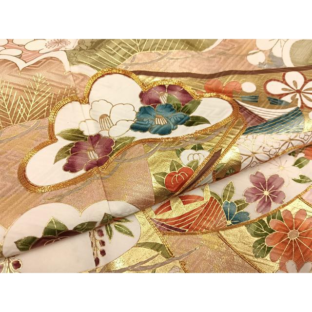 平和屋着物●豪華振袖　駒刺繍　草花文　金彩　正絹　逸品　AABG9581ph
