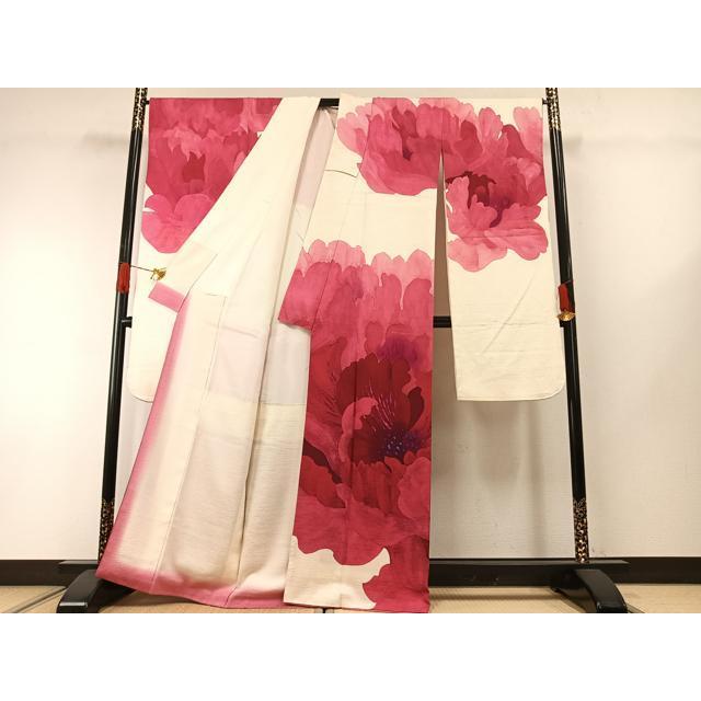 平和屋着物●染色作家　伊砂利彦　型絵染　振袖・長襦袢(無双仕立て)セット　舞花文　半衿刺繍　正絹　逸品　AABH0735fy