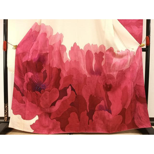 平和屋着物●染色作家　伊砂利彦　型絵染　振袖・長襦袢(無双仕立て)セット　舞花文　半衿刺繍　正絹　逸品　AABH0735fy