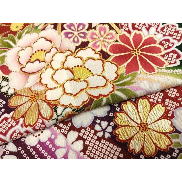 振袖フルセット6点サイズM〜Ｌ駒刺繍　束ね熨斗檜扇花文　金彩　正絹 振袖フルセット6点サイズM〜L駒刺繍 束ね熨斗檜扇花文 金彩 正絹 振袖