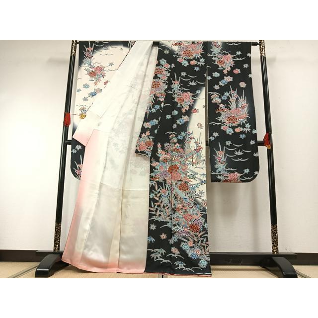 平和屋着物●豪華振袖　型染め　草花文　暈し染め　正絹　逸品　AABH0859fy