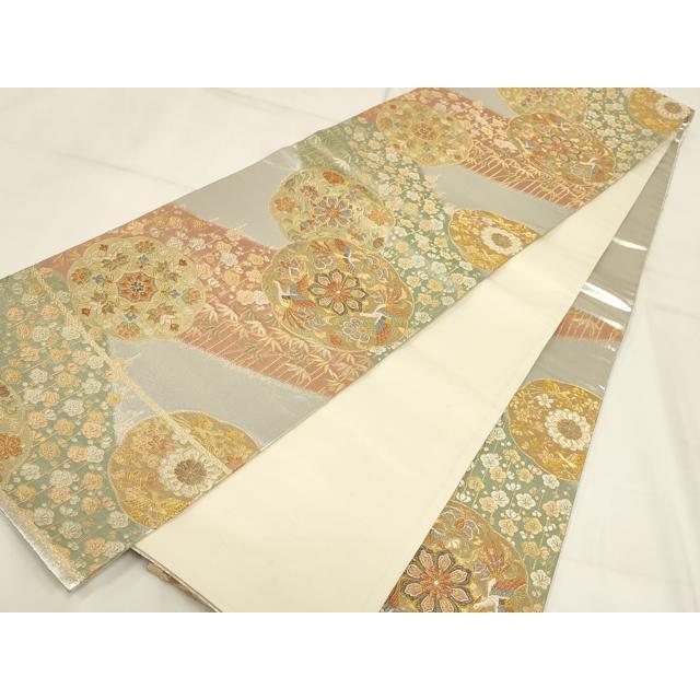 美品　正絹 袋帯 瑞祥吉祥華文 金 銀糸 落ち着いた銀鼠色の華やぎ 平和屋着物▽六通柄袋帯 瑞祥 花鳥丸文 金銀糸 正絹 逸品 AABH1622wj