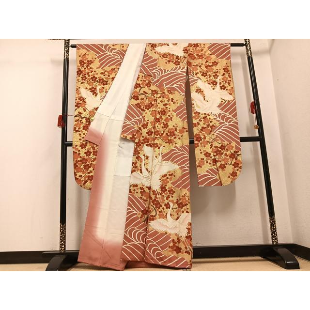 平和屋着物●豪華振袖　友禅　作家物　駒刺繍　群鶴立波梅文　金彩　正絹　逸品　AABH6827ph_1
