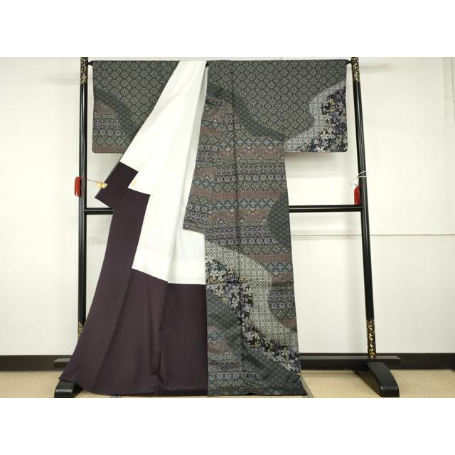 平和屋着物●本場大島紬　染大島　訪問着　吉祥花文　黒地　ロング丈　正絹　逸品　AABI2531cs