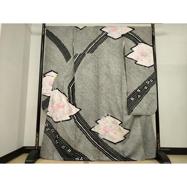 平和屋着物○豪華振袖 総絞り 刺繍 松皮菱花文 黒地 銀糸 やまと誂製