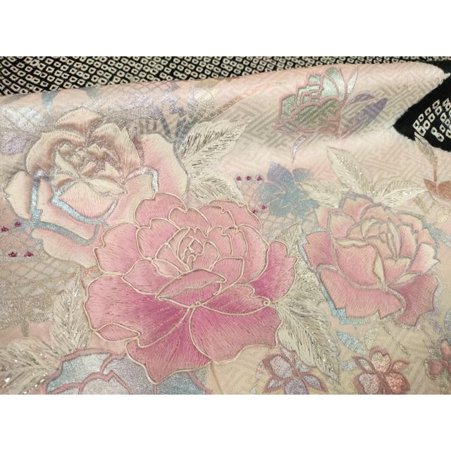 平和屋着物○豪華振袖 総絞り 刺繍 松皮菱花文 黒地 銀糸 やまと誂製