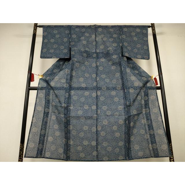 平和屋着物＊夏物 小紋 浴衣兼用 綿絹紅梅 本藍 型染め 花唐草文 絹綿