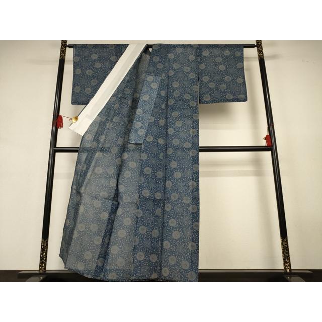 平和屋着物＊夏物 小紋 浴衣兼用 綿絹紅梅 本藍 型染め 花唐草文 絹綿