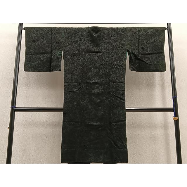 平和屋着物＃道行コート　ロング丈　輪奈織　草花文　黒地　正絹　逸品　BAAT8960gt 平和屋着物＃道行コート ロング丈 輪奈織 草花文 黒地 正絹 逸品
