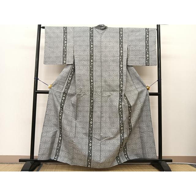 平和屋着物▽本場大島紬 単衣 麻の葉花唐草間道 正絹 逸品 BAAT9054yc