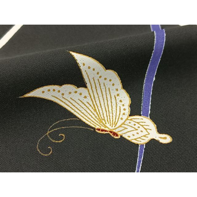平和屋着物▽小紋　単衣　舞蝶芝草文　黒地　洗える着物　BAAT9097yc 平和屋着物▽小紋 単衣 舞蝶芝草文 黒地 洗える着物 BAAT9097yc : 平和