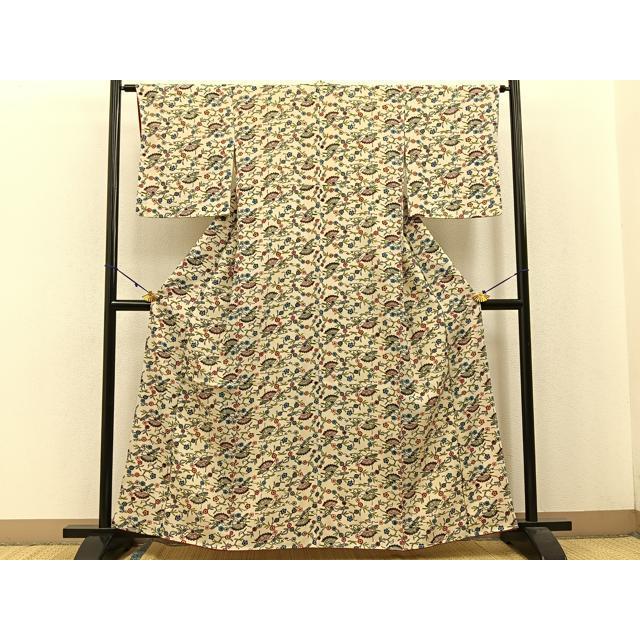 平和屋着物●上質な小紋　紅型　花唐草文　正絹　逸品　AABH0510fy 平和屋着物○本場琉球紅型 小紋 扇面花唐草文 正絹 逸品 未使用